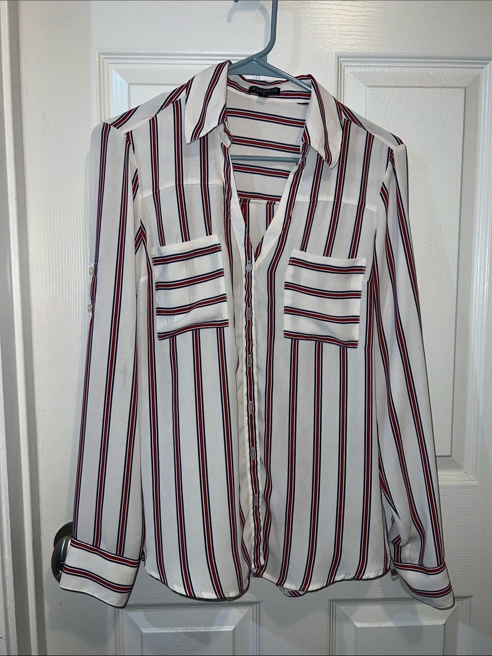 Express White Blouse with Red & Navy Stripe Detail